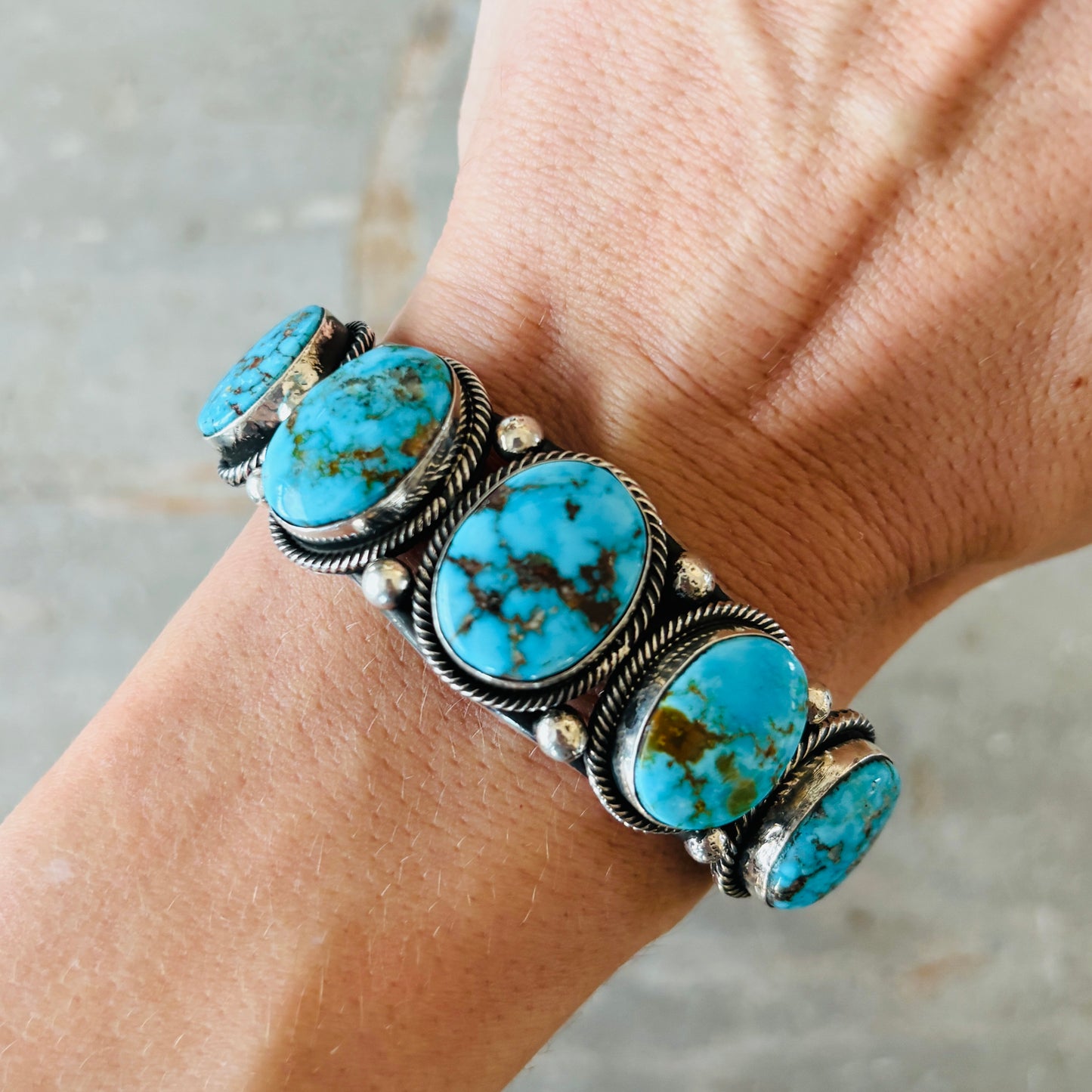 Navajo Hemerson Brown Sterling Silver & Web Kingman Turquoise Five Stone Cuff