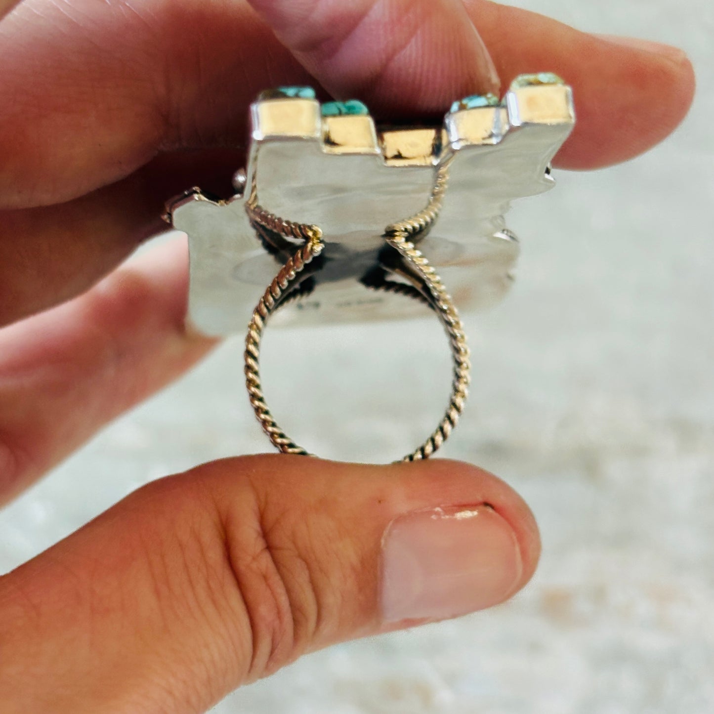 Navajo Bryan Tom Sterling Silver - Kingman - Lone Mountain Turquoise & Dinosaur Bone Maiden Ring
