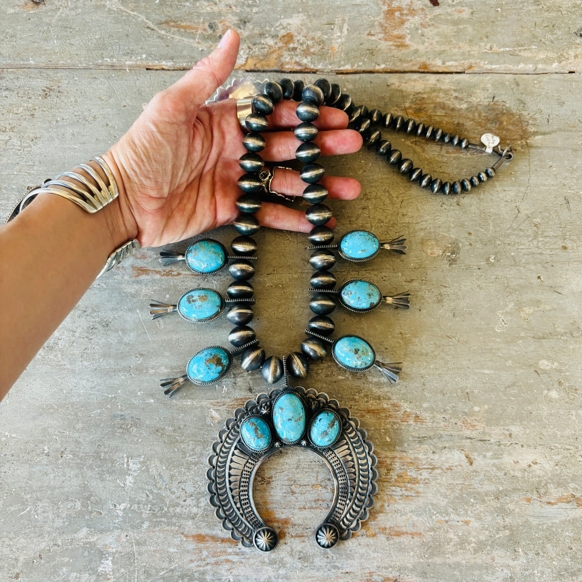 Navajo Andy Cadman Sterling Silver & Kingman Turquoise Statement Squash Blossom Necklace
