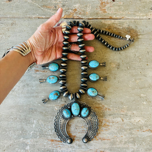 Navajo Andy Cadman Sterling Silver & Kingman Turquoise Statement Squash Blossom Necklace
