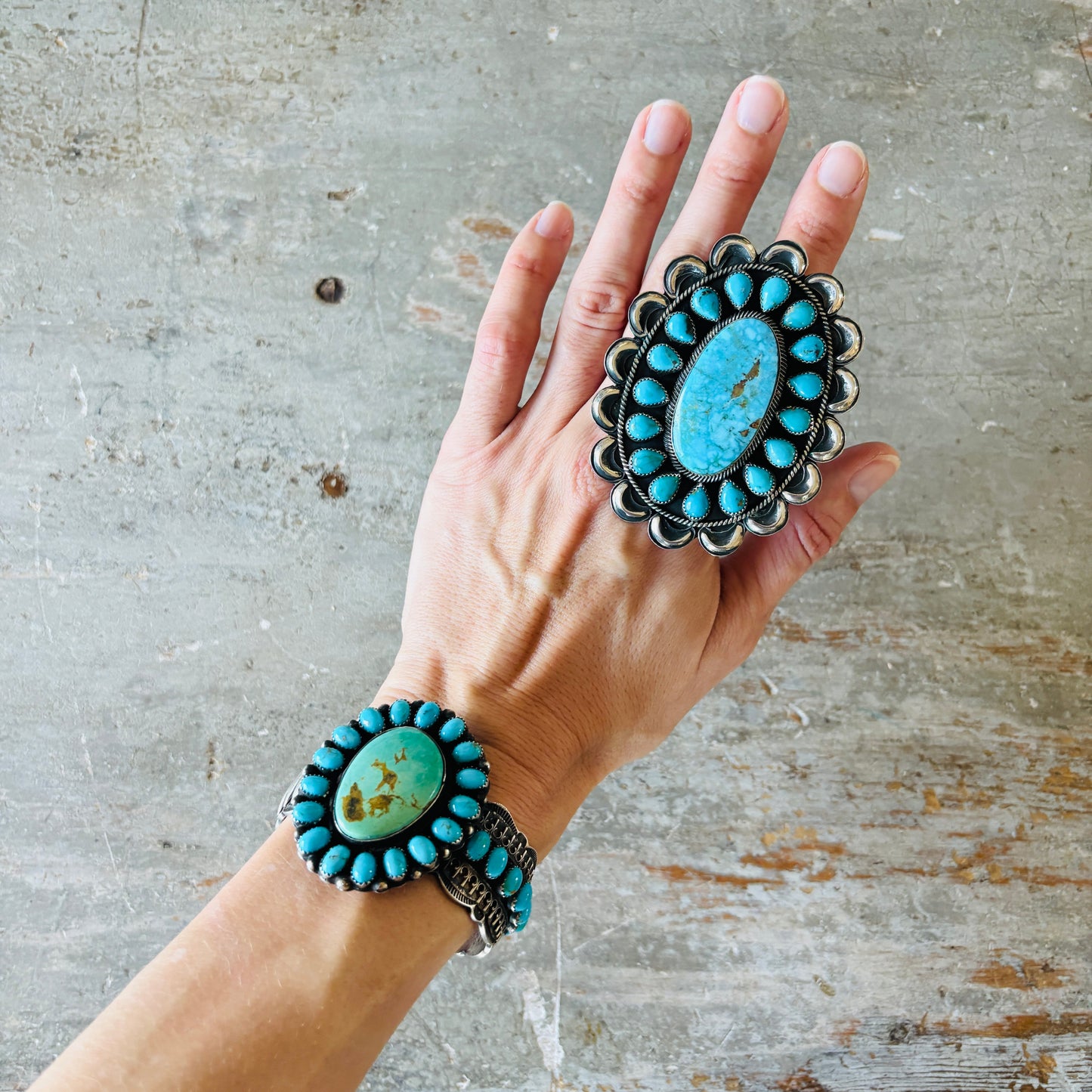 Navajo Hemerson Brown Sterling Silver & Kingman Turquoise Cluster Ring