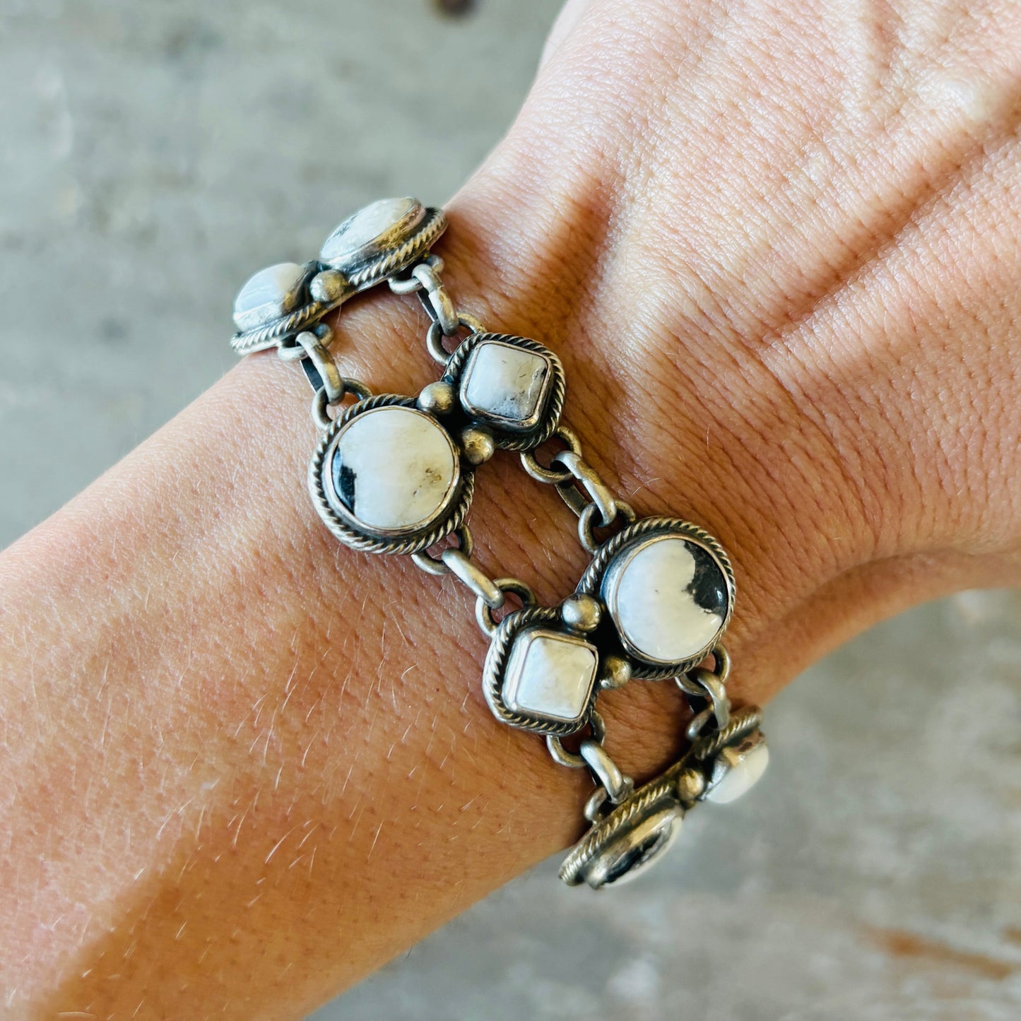 Navajo Kathleen Livingston Sterling Silver & White Buffalo Double Row Bracelet