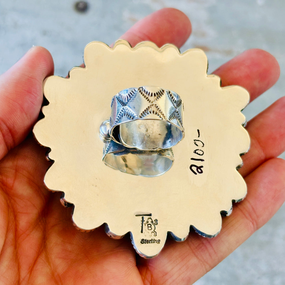Navajo Tyler Brown Sterling Silver - Purple Spiny Oyster & Kingman Turquoise Heart Cluster Ring