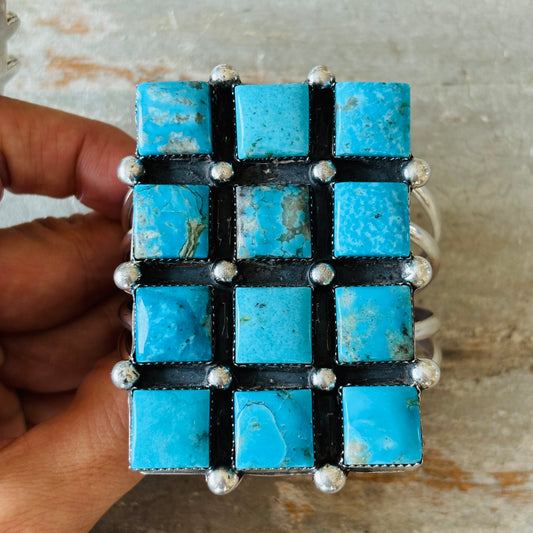 Navajo Lorenzo & Jerilyn Chee Sterling Silver & Kingman Turquoise Statement Cuff
