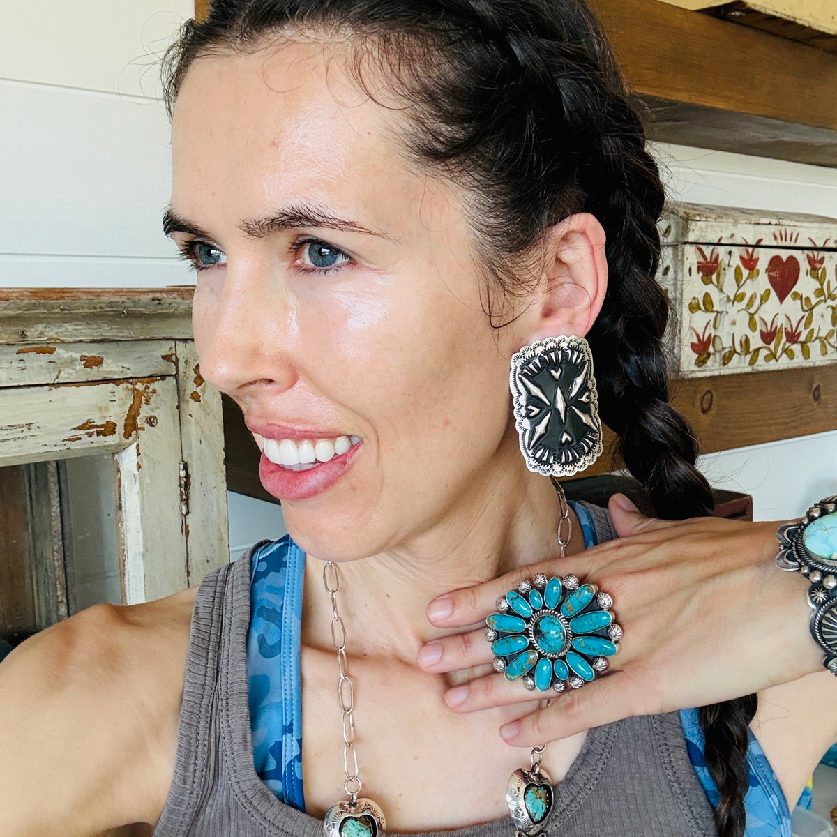Navajo Leander Tahe Sterling Silver Shield Earrings