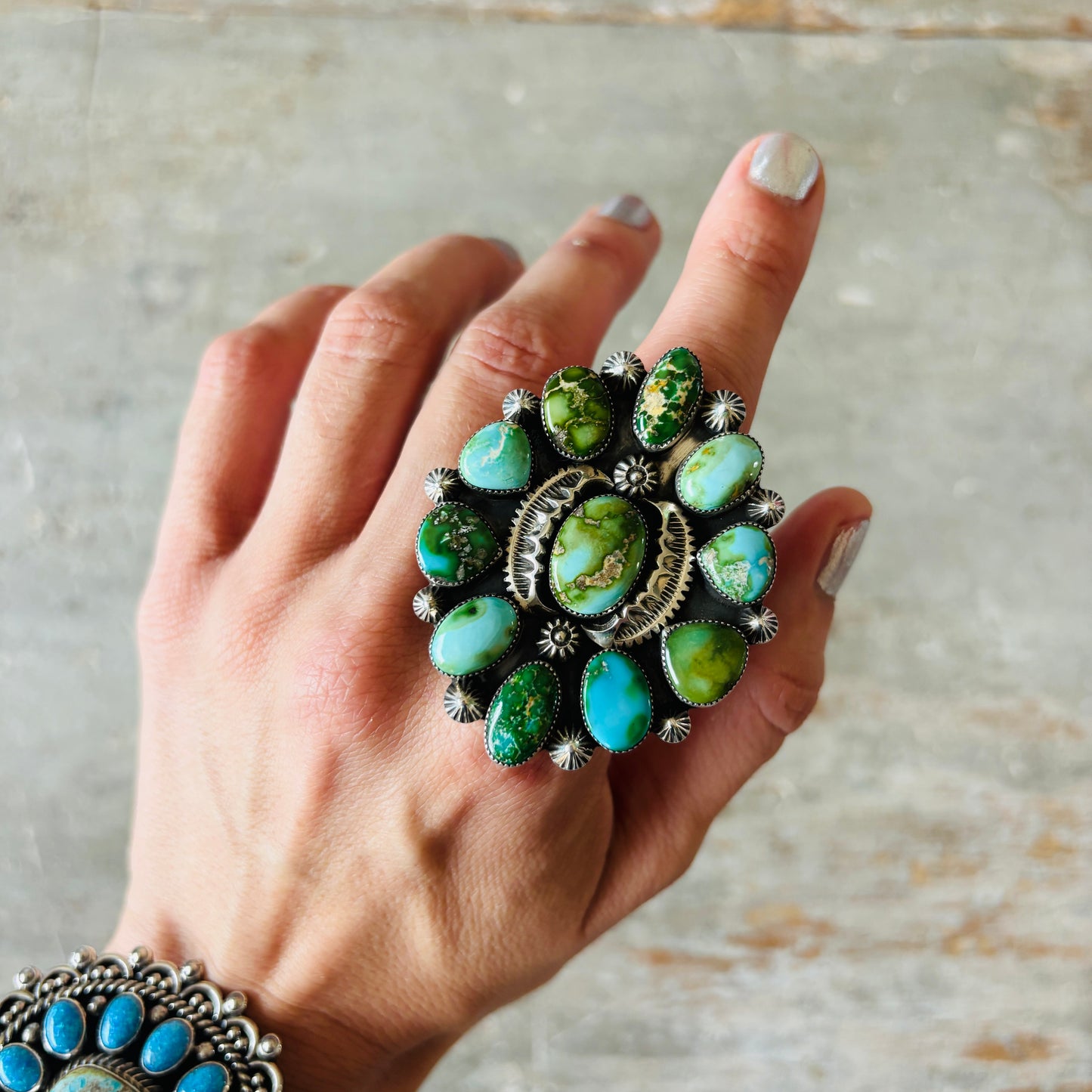 Navajo Larson Lee Sterling Silver & Sonoran Turquoise Cluster Ring