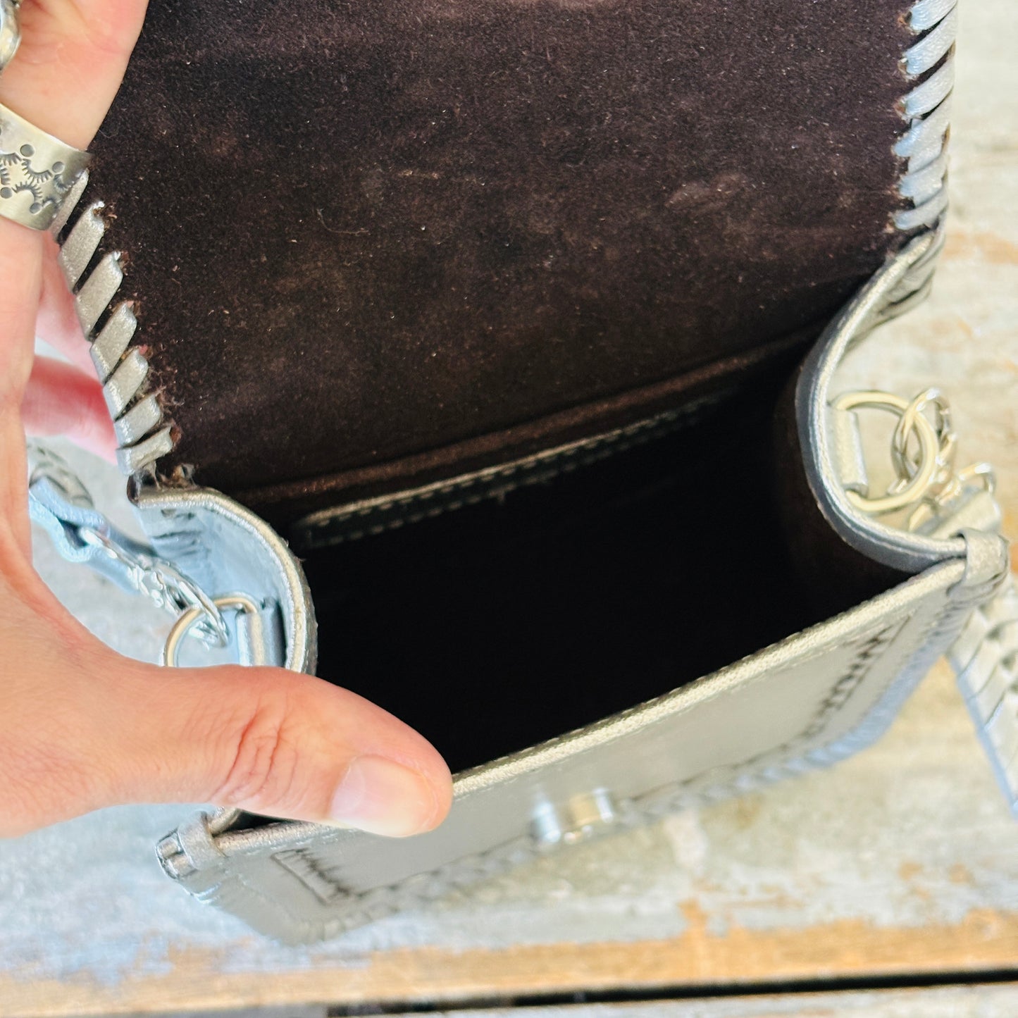Navajo Hemerson Brown Sterling Silver - Black Onyx & Druzy Embellished Silver Leather Crossbody Bag