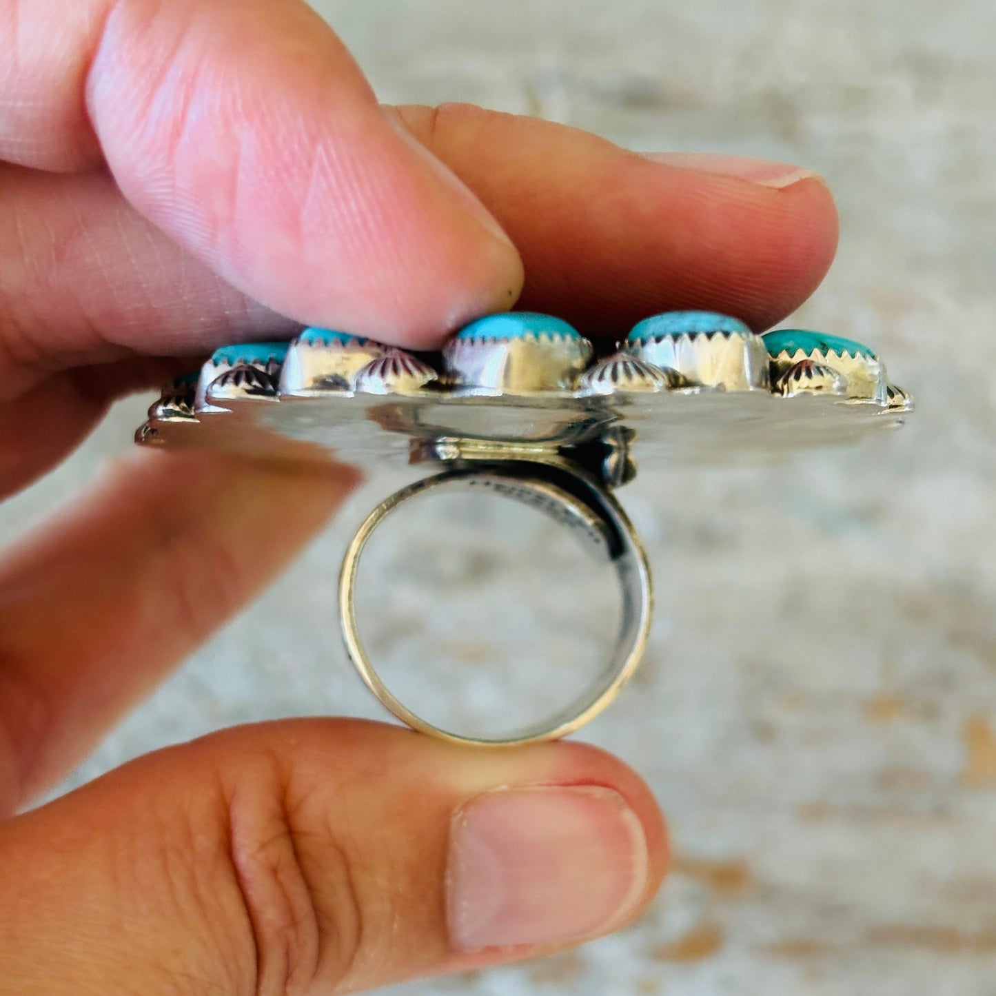 Navajo Hemerson Brown Sterling Silver & Kingman Turquoise Hearts Cluster Ring