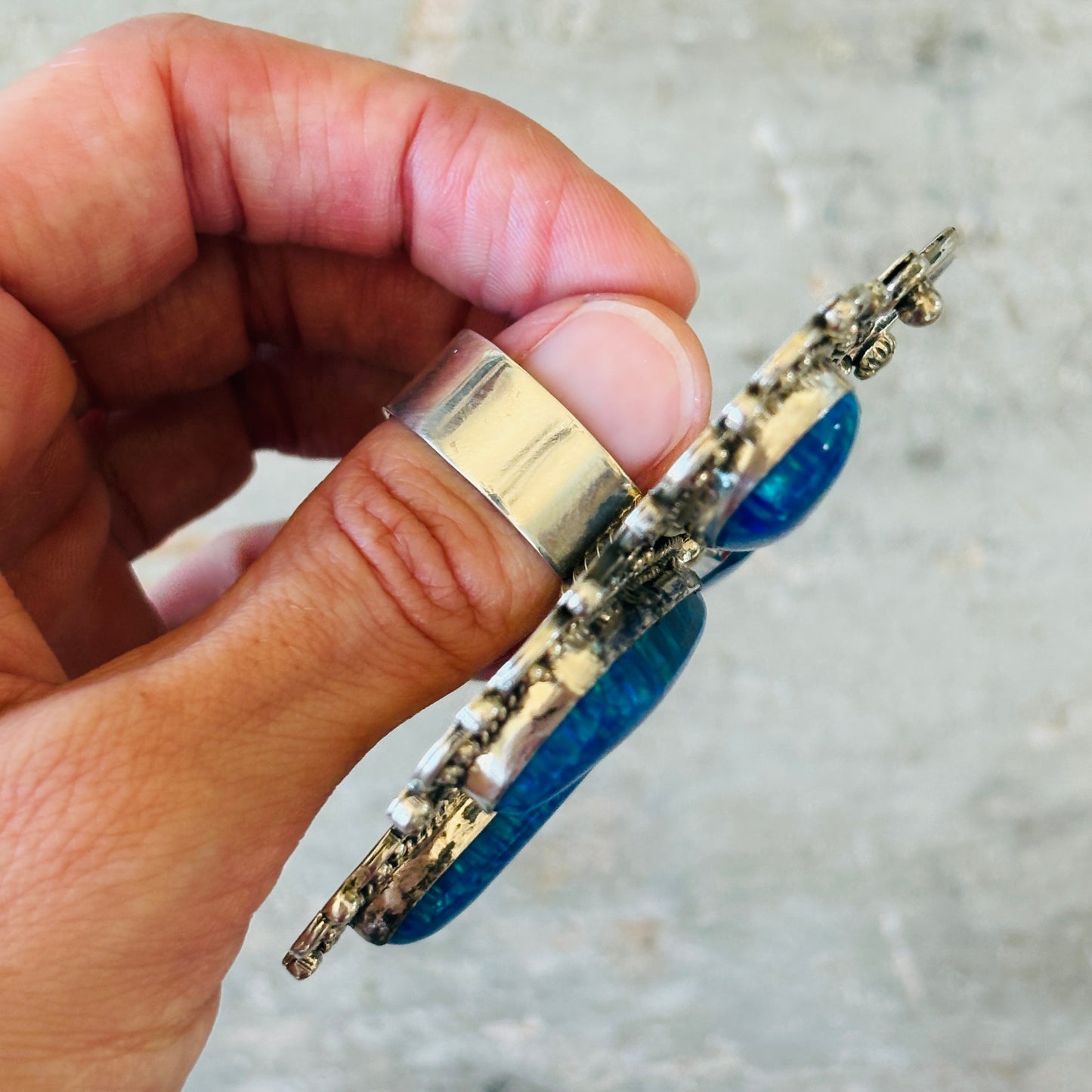 Navajo Hemerson Brown Sterling Silver - Blue Lab Opal & Sleeping Beauty Turquoise Dragonfly Ring