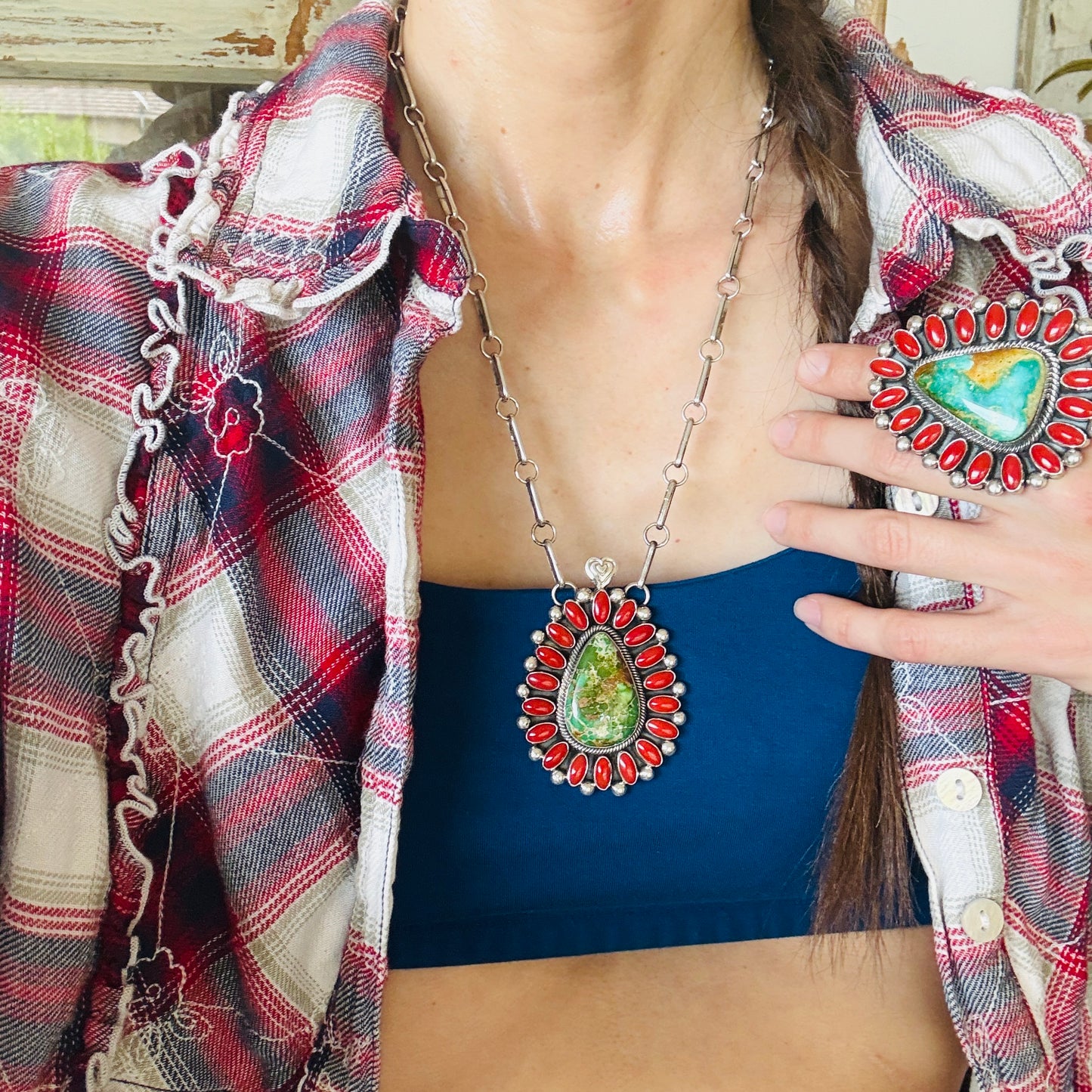 Navajo Hemerson Brown Sterling Silver - Red Coral & Sonoran Turquoise Cluster Heart Necklace