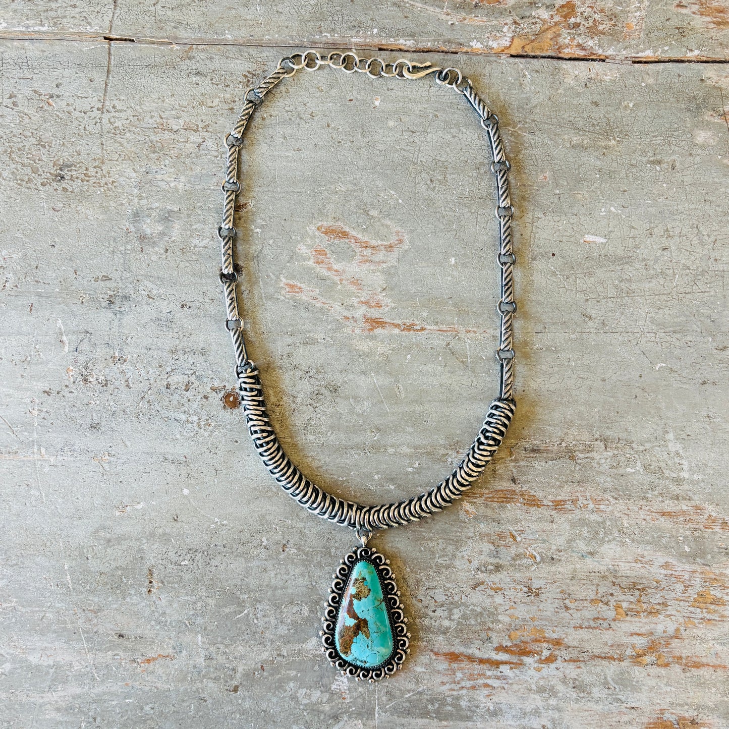 Navajo Marcus Chavez Sterling Silver & Royston Statement Necklace
