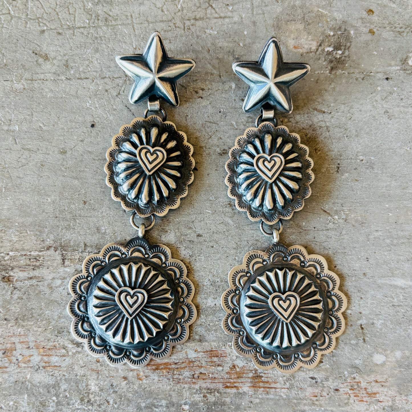 Navajo Hemerson Brown Sterling Silver Hearts and Stars Concho Earrings