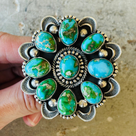 Navajo Hemerson Brown Sterling Silver & Sonoran Turquoise Cluster Ring
