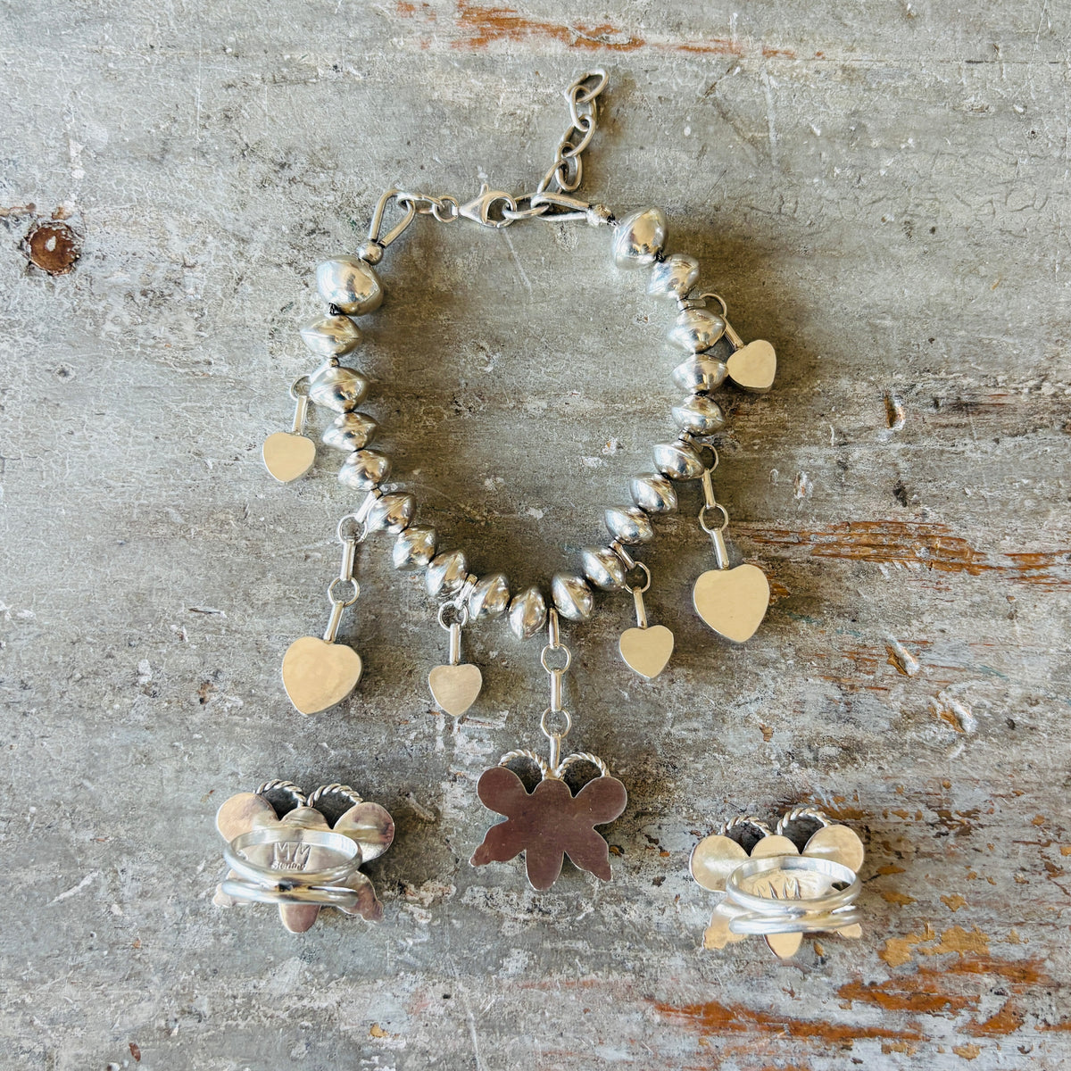 Navajo Signed Sterling Silver Multi Stone Charm Bracelet & Rings