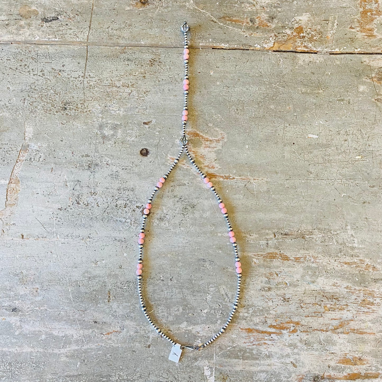 Navajo Strung Sterling Silver Machine Made Pearls & Pink Conch Lariat Necklace