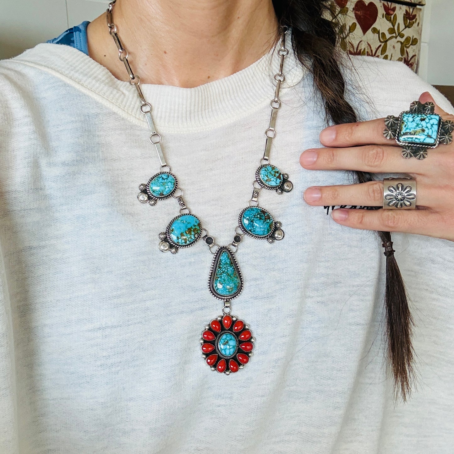 Navajo Hemerson Brown Sterling Silver - Red Coral & Web Kingman Statement Necklace