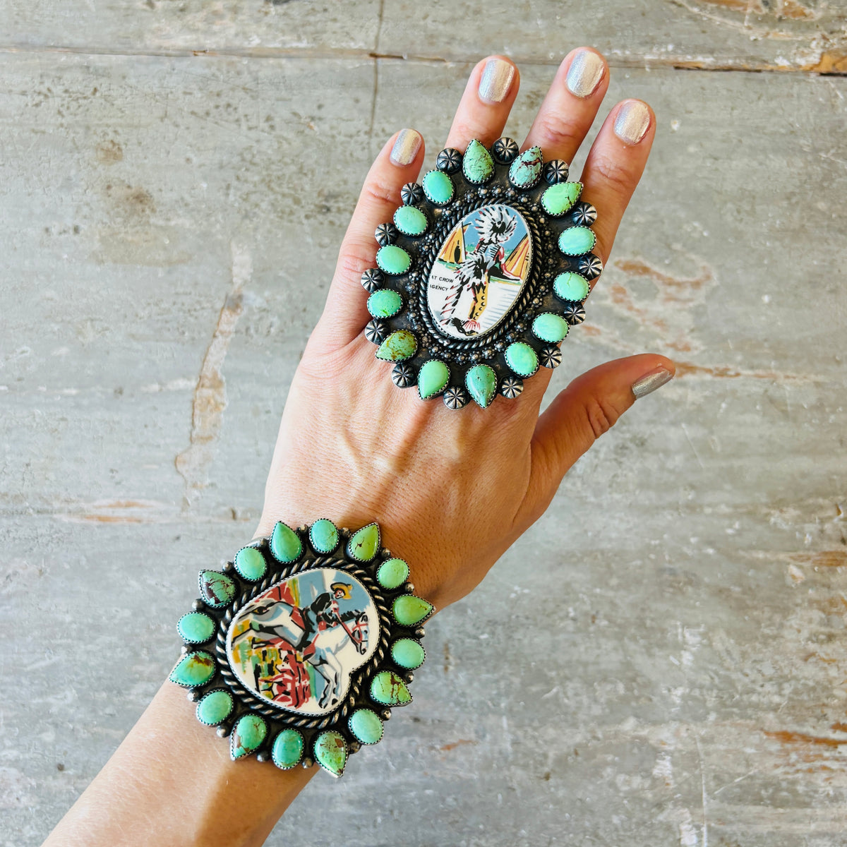 Navajo Kindale Billah Sterling Silver - Ceramic & Mojave Campitos Turquoise Chief Cluster Ring