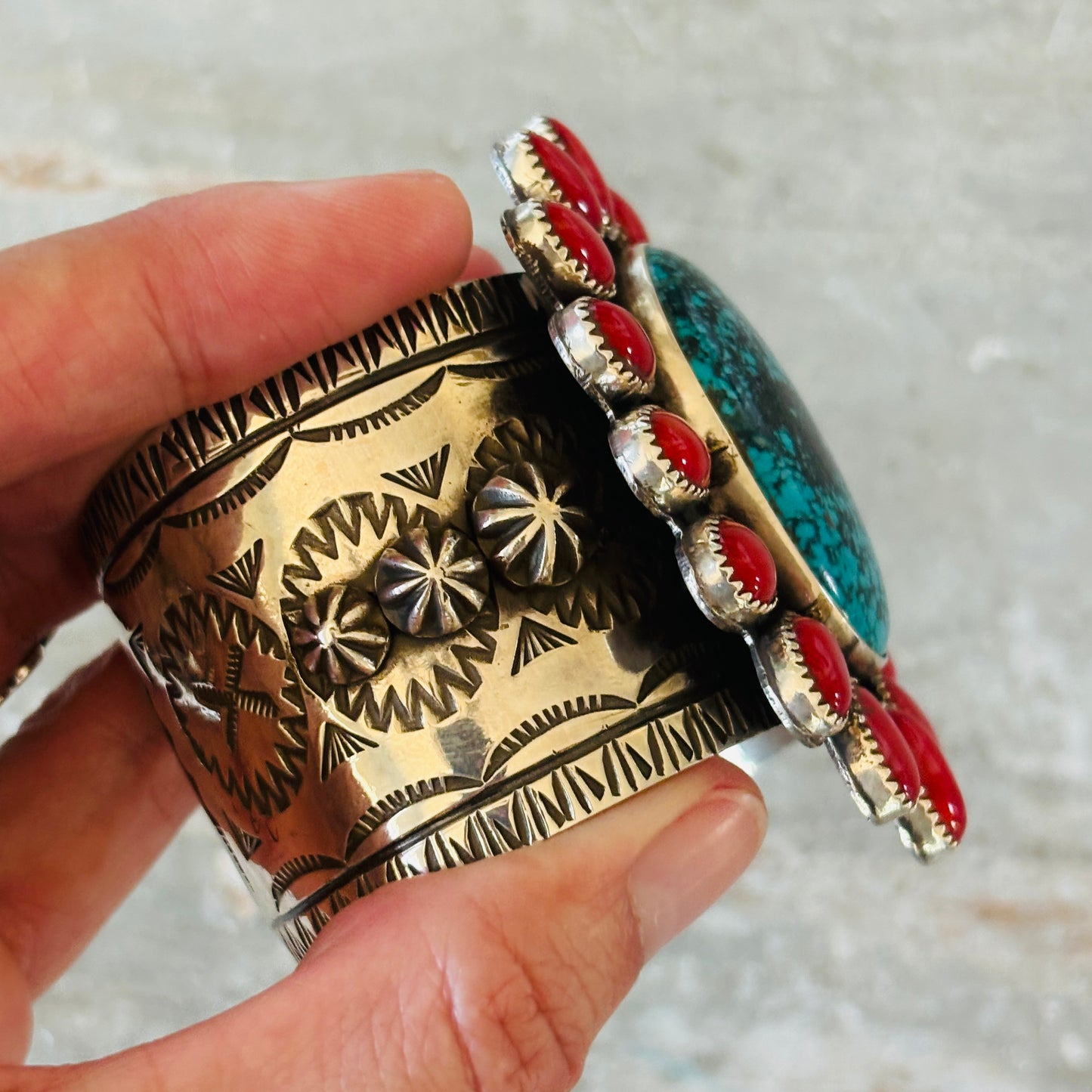 Navajo Edmund Piasso Sterling Silver - Red Coral & Kingman Turquoise Cluster Statement Cuff