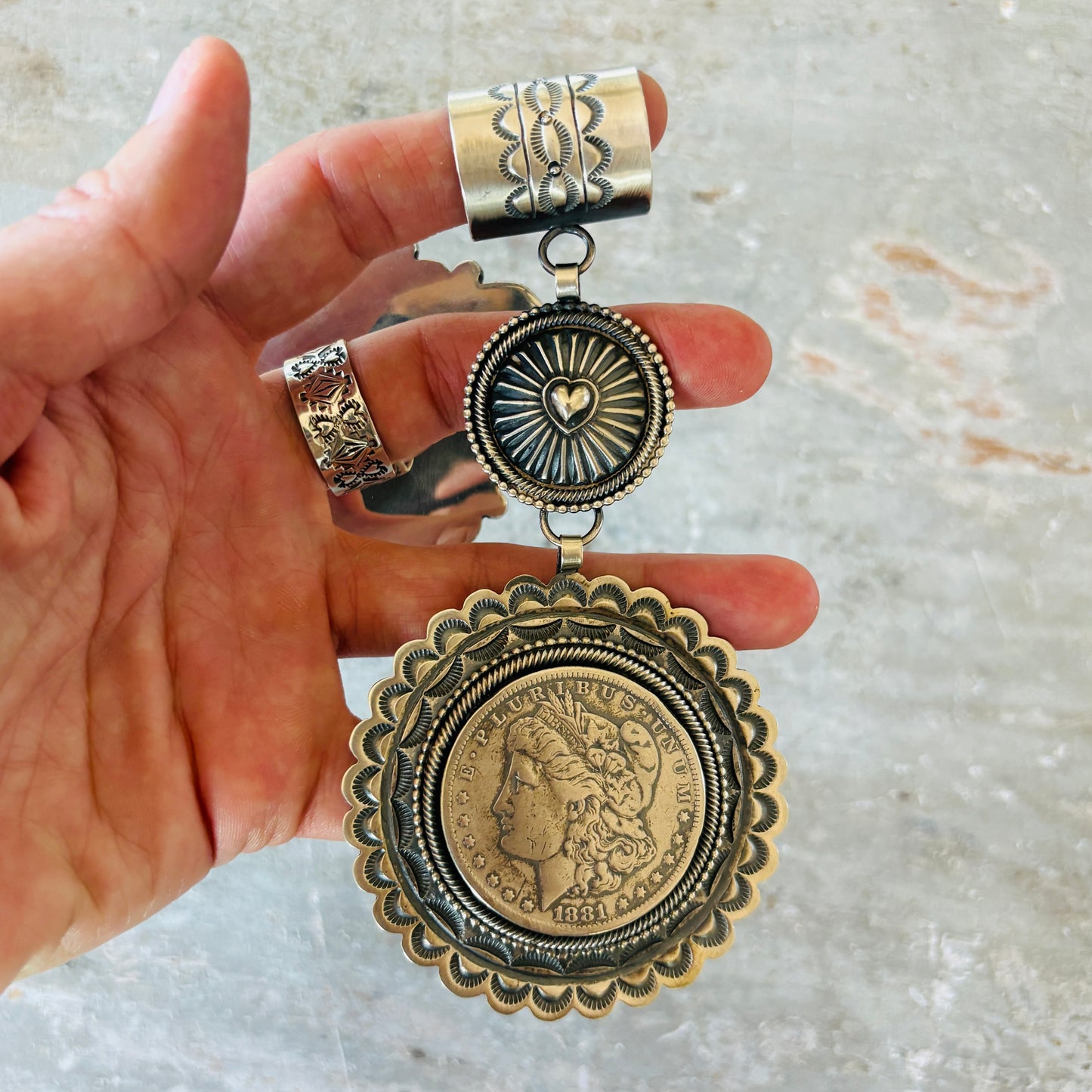 Navajo Hemerson Brown Sterling Silver & 1881 Morgan Silver Dollar Heart Concho Pendant