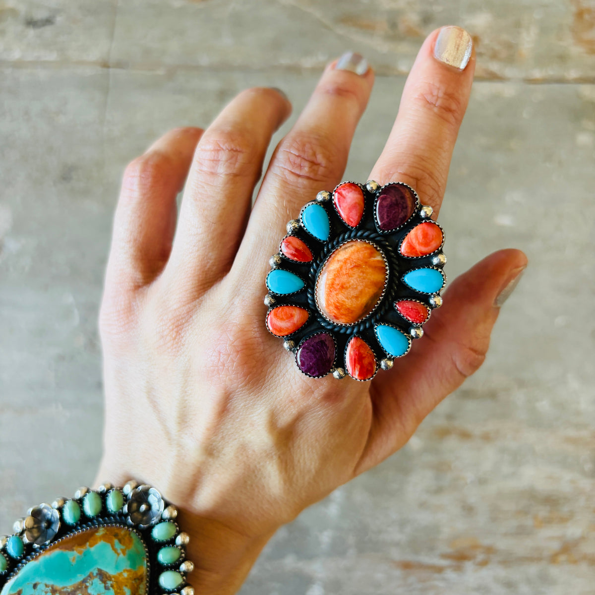 Navajo Hemerson Brown Sterling Silver - Multi Stone Cluster Statement Ring