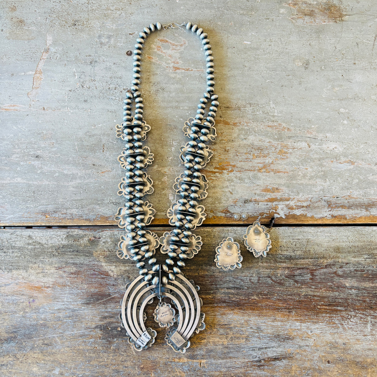 Navajo Robert Johnson Sterling Silver & High Grade Kingman Squash Blossom Necklace Set