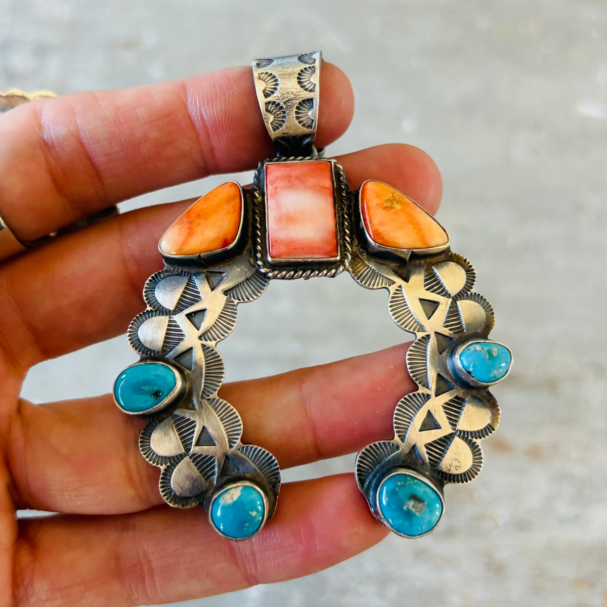 Navajo Shawn Cayatineto Sterling Silver - Red - Orange Spiny Oyster & Kingman Turquoise Naja Pendant