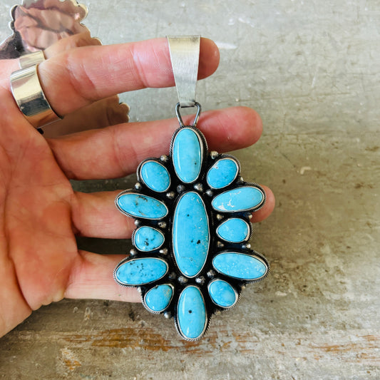 Navajo Sheila Becenti Sterling Silver & Kingman Turquoise Cluster Pendant