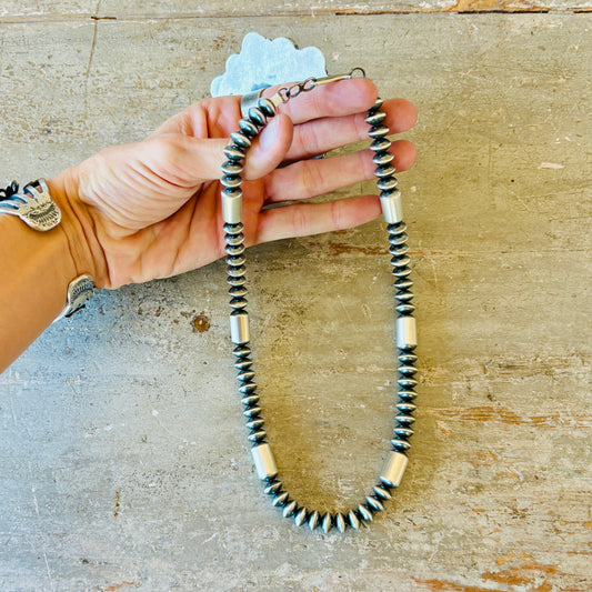Navajo Tonisha Haley Sterling Silver 10mm Handmade Saucer - Tube Beads Pearl Necklace