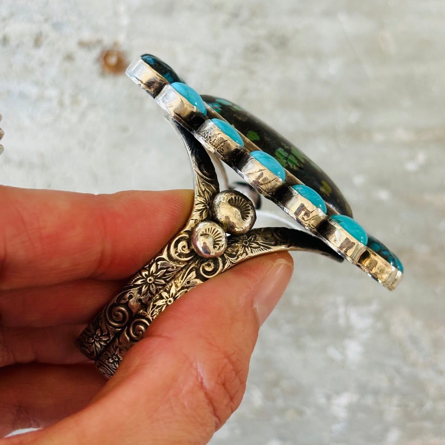 Navajo Edmund Piasso Sterling Silver & Mixed Turquoise Cluster Statement Cuff