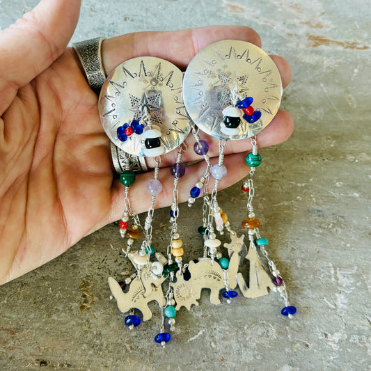 Navajo Dean Sandoval Sterling Silver Multi Stone Charm Earrings