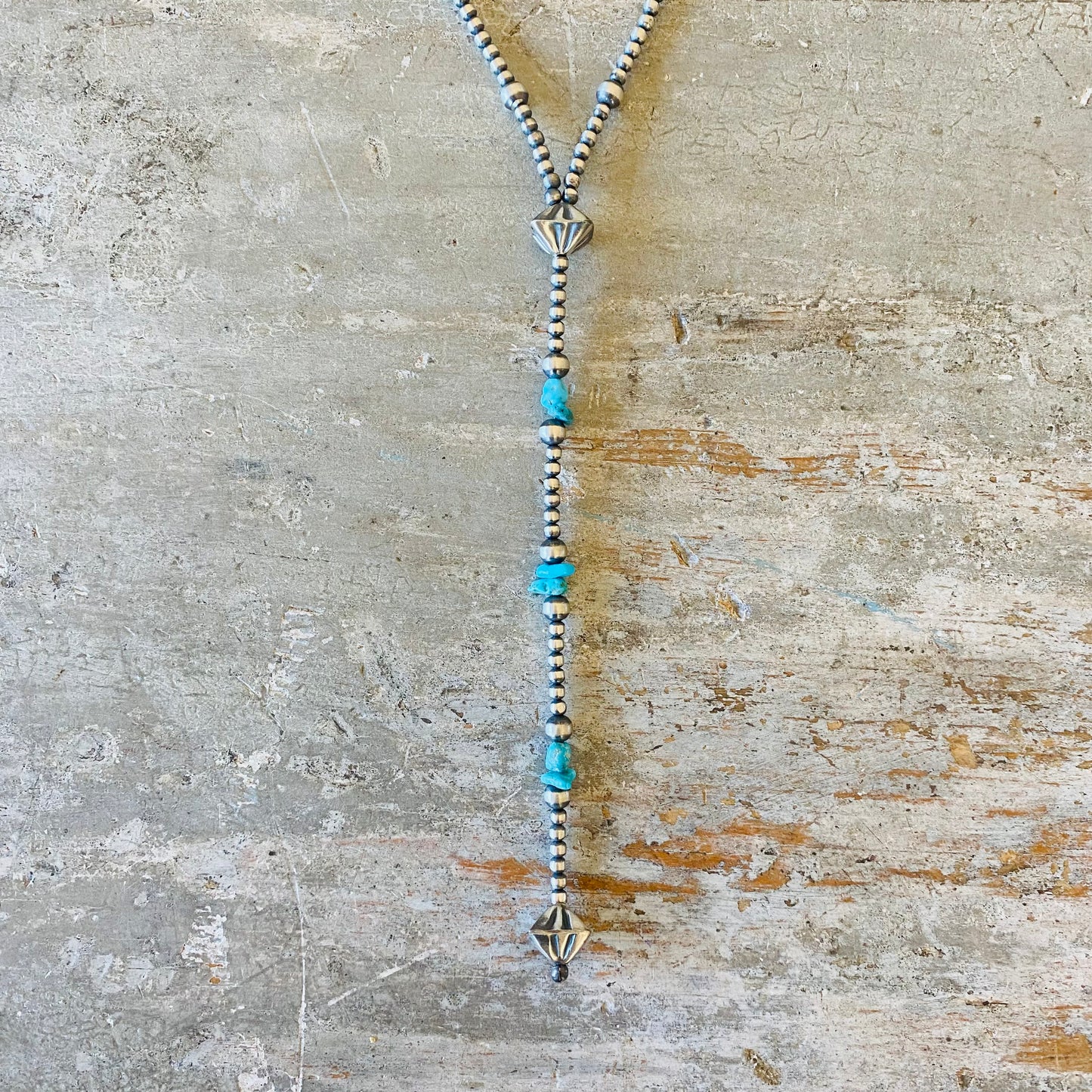 Navajo Strung Sterling Silver Machine Made Pearls & Turquoise Lariat Necklace