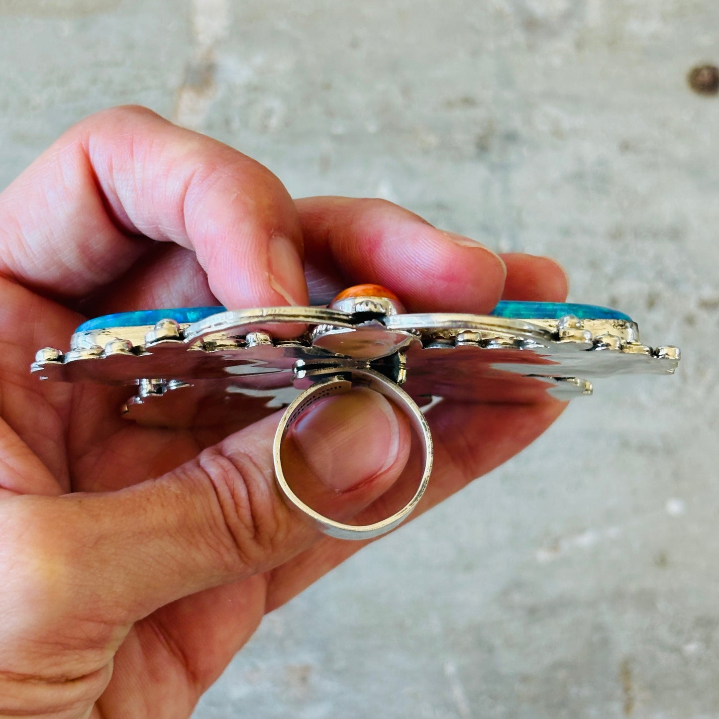 Navajo Hemerson Brown Sterling Silver - Blue Lab Opal & Orange Spiny Dragonfly Ring