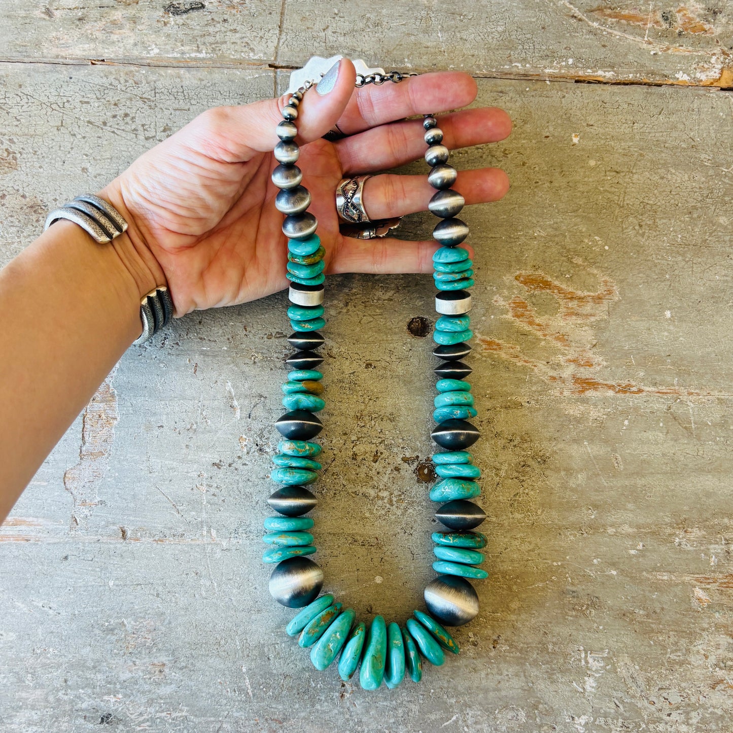 Navajo Rose Martin Sterling Silver & Kingman Turquoise Handmade Pearls Necklace
