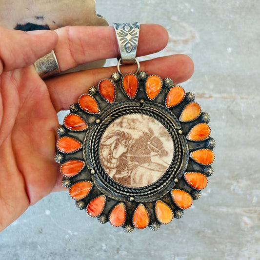 Navajo Kindale Billah Sterling Silver & Orange Spiny Horses Pendant