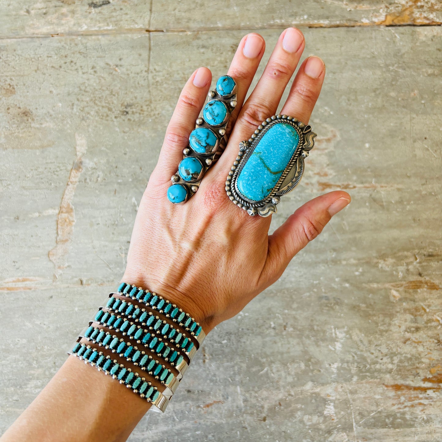 Zuni Veronica Martza Sterling Silver & Kingman Turquoise Five Row Statement Cuff