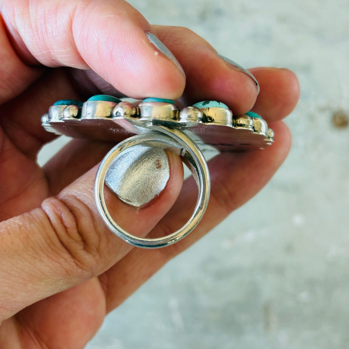 Navajo Melvin & Tiffany Jones Sterling Silver - Mixed Turquoise Cluster Naja Ring