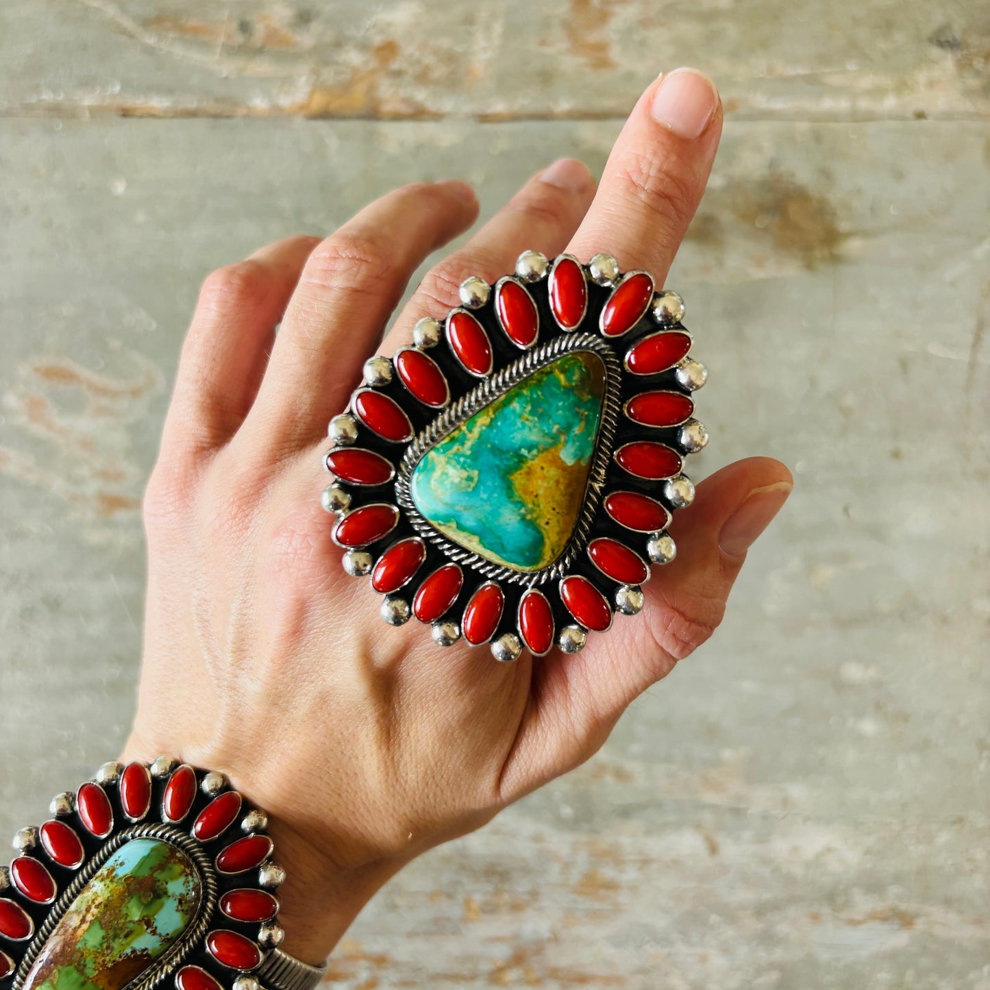 Navajo Hemerson Brown Sterling Silver - Red Coral & Sonoran Turquoise Cluster Ring