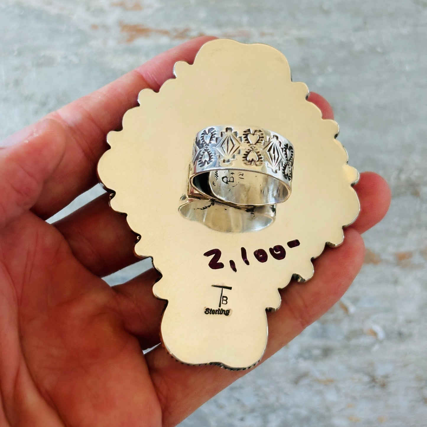 Navajo Tyler Brown Sterling Silver & Purple Spiny Hearts Statement Ring