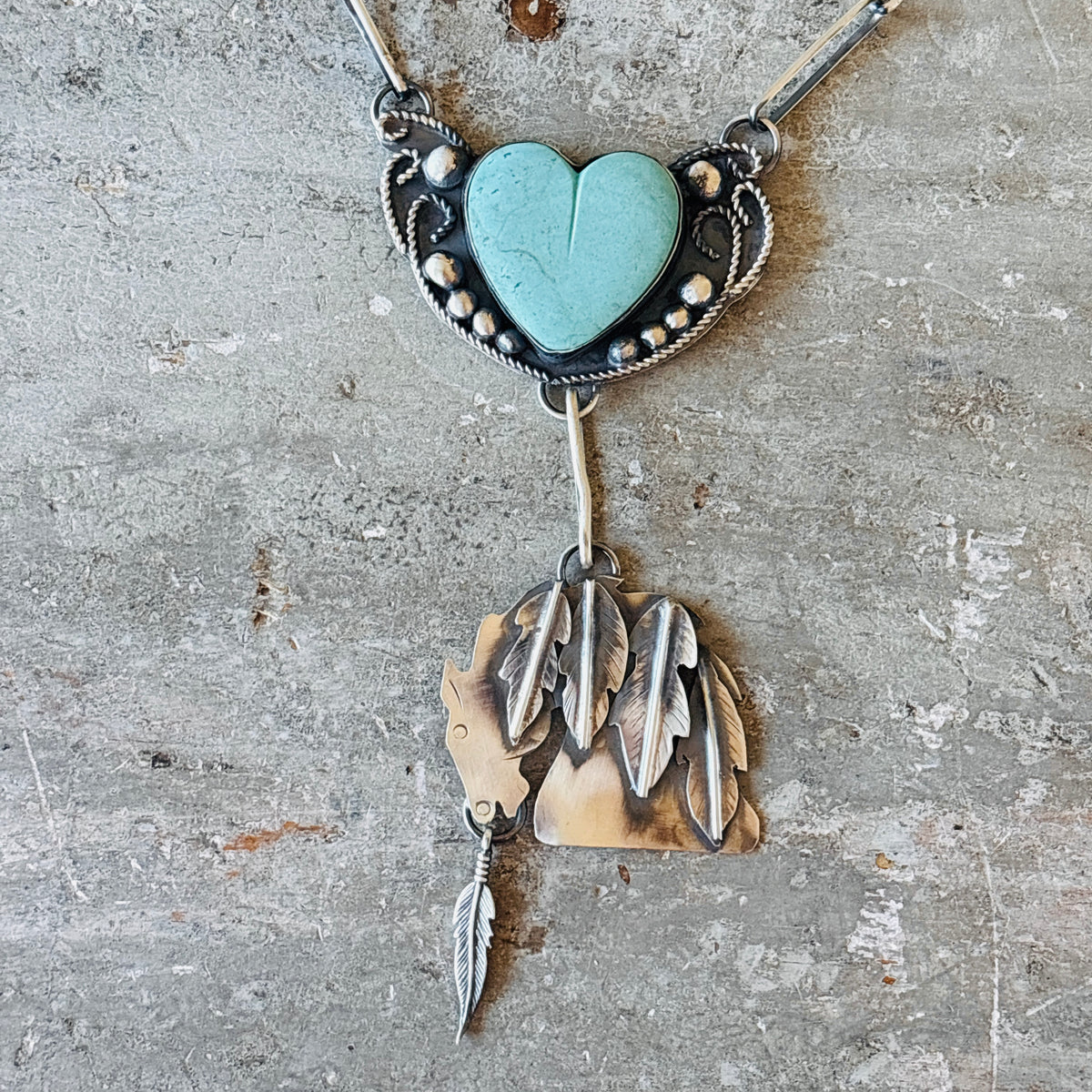 Navajo Miranda Willie Sterling Silver & Kingman Turquoise Heart Horse Necklace