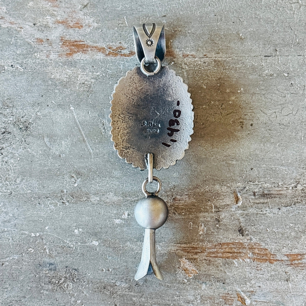 Navajo Ronald Tom Sterling Silver & Web Kingman Turquoise Blossom Pendant
