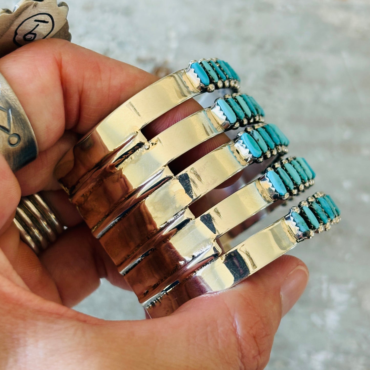 Zuni Veronica Martza Sterling Silver & Kingman Turquoise Five Row Statement Cuff