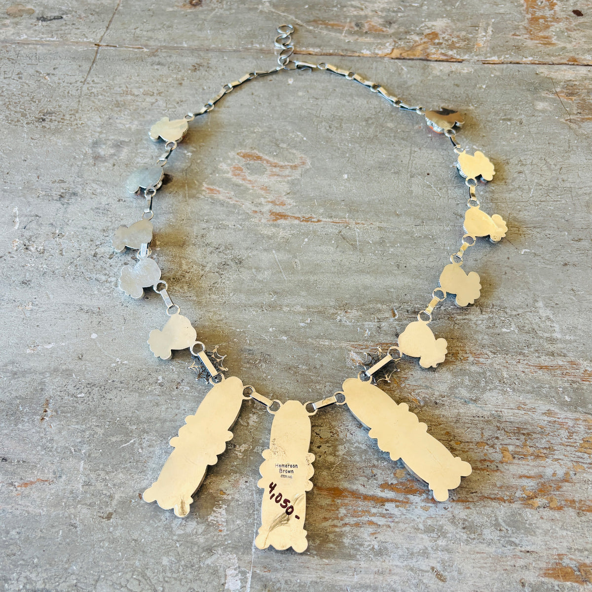Navajo Hemerson Brown Sterling Silver - Black Onyx & Orange Spiny Oyster Spiderweb Statement Necklace