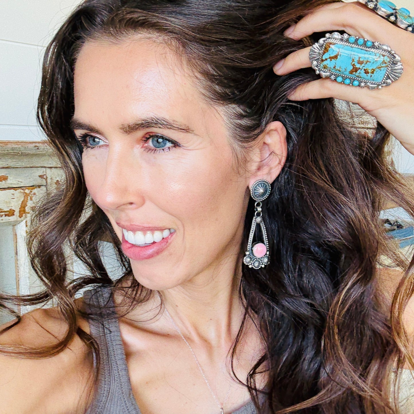 Navajo Hemerson Brown Sterling Silver & Pink Conch Statement Earrings