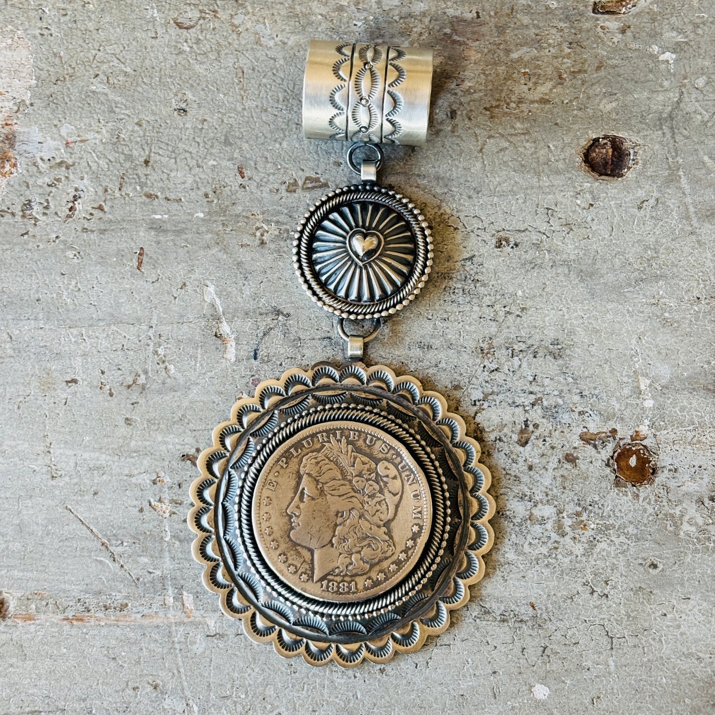 Navajo Hemerson Brown Sterling Silver & 1881 Morgan Silver Dollar Heart Concho Pendant