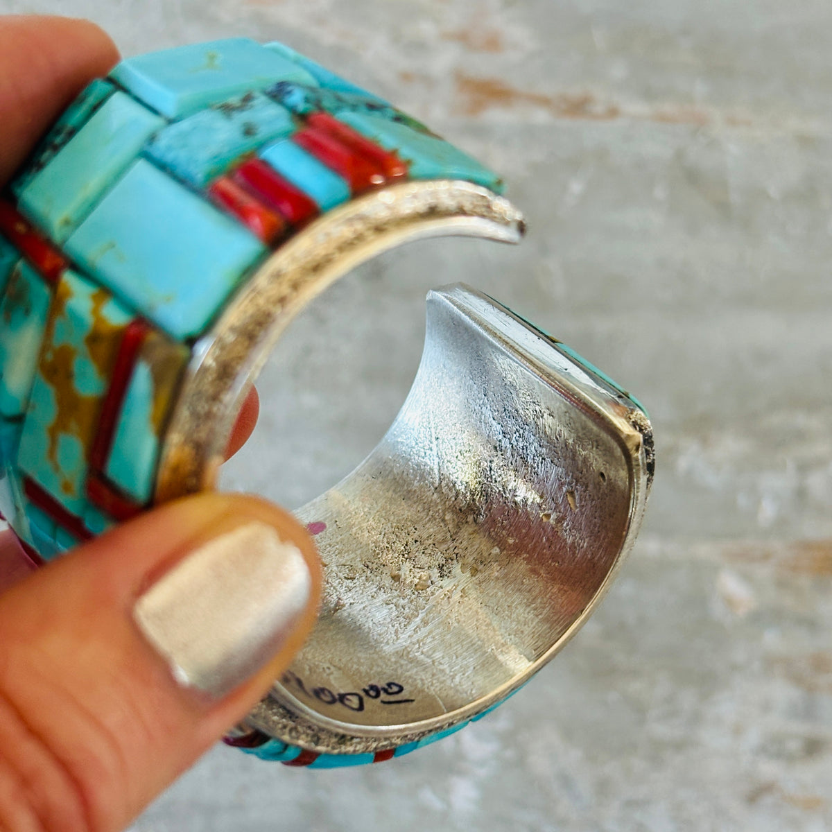 Navajo Lester James Sterling Silver - Red Coral & Multi Turquoise Cobblestone Cuff