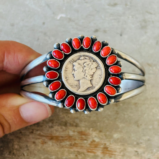 Navajo Darrin Livingston Sterling Silver & Red Coral Coin Cuff