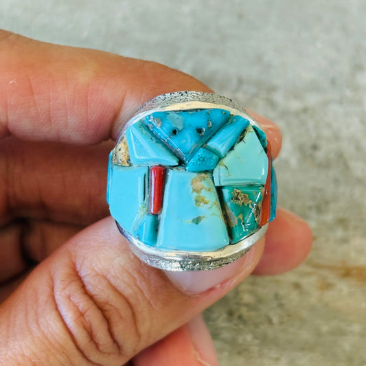 Navajo Lester James Sterling Silver - Red Coral & Multi Turquoise Cobblestone Tufa Cast Ring