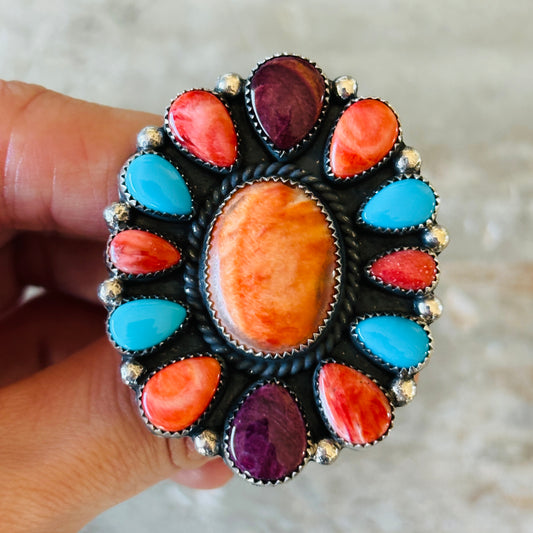 Navajo Hemerson Brown Sterling Silver - Multi Stone Cluster Statement Ring
