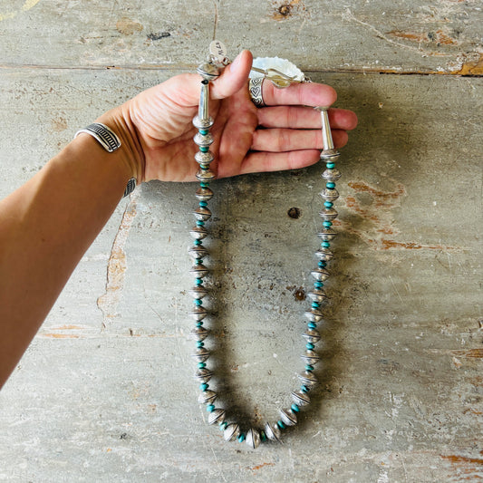 Navajo James McCabe Sterling Silver - Kingman Turquoise & Liberty Dime Beads Necklace