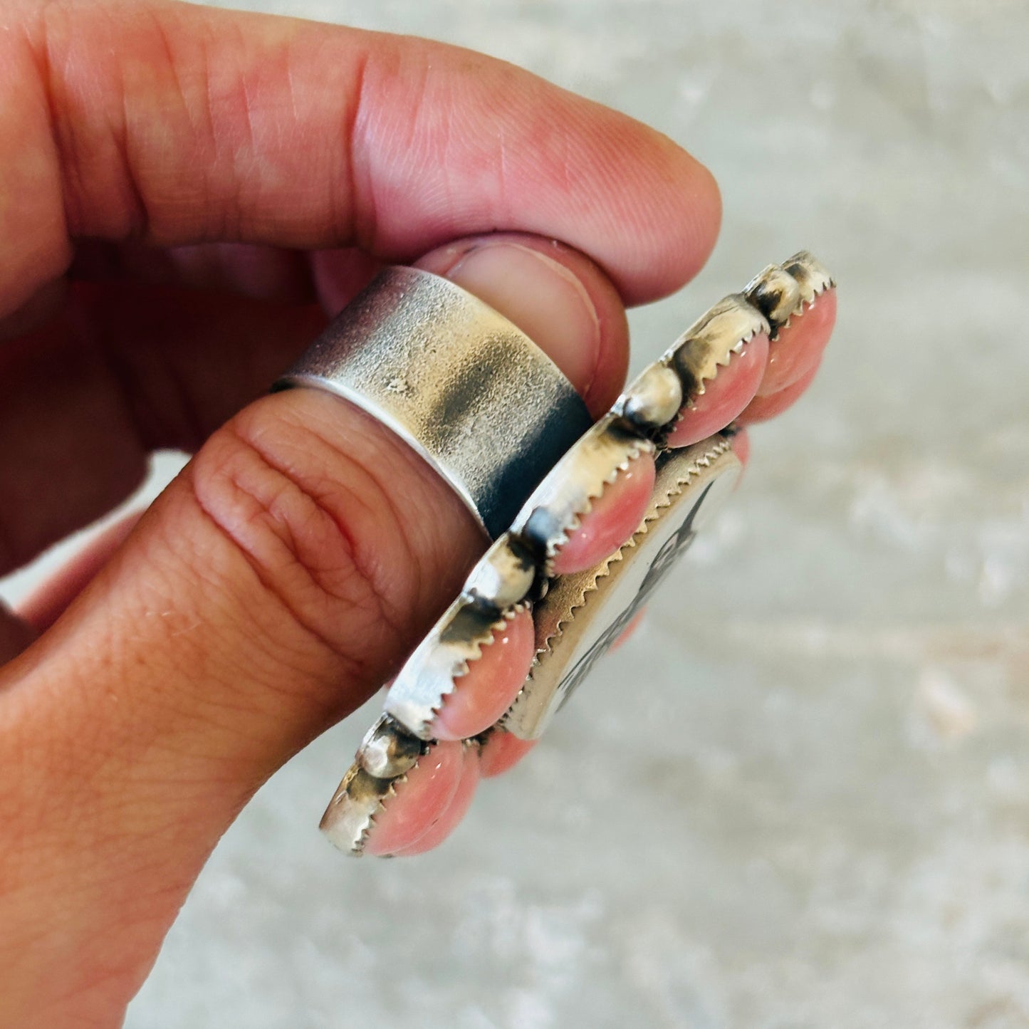 Navajo Kindale Billah Sterling Silver & Pink Conch Highland Cow Ring